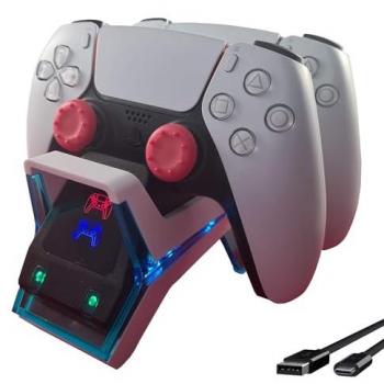 Cargador Rápido Doble para Mando PS5 Caelluma - Base de Carga con Indicadores LED y Cable USB-C Incluido