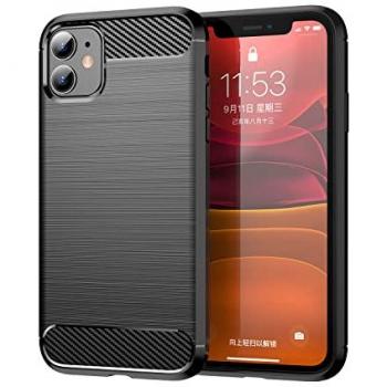Funda Protectora Antigolpes de Silicona Negra para iPhone 11 con Diseño de Fibra de Carbono y Absorción de Choque, Compatible con Carga Inalámbrica