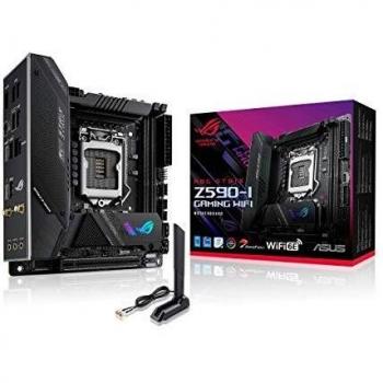 ROG Strix Z590-I Gaming Intel Z590 LGA1200 ITX motherboard, PCIe 4, 8+2 teamed power stages, AI 2.0 Features, WiFi 6E AX, Intel 2.5 Gb LAN, x2 M.2, Thunderbolt 4, USB3.2 Gen 2x2 USB Type-C, Aura Sync