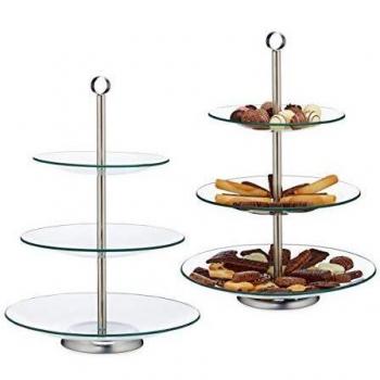 Etagere de 3 pisos para tartas y cupcakes, cristal y acero plateado-transparente, 40 x 29,5 cm