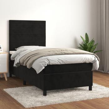 Bastidor de cama box spring con colchón de muelles en terciopelo negro 100x200 cm