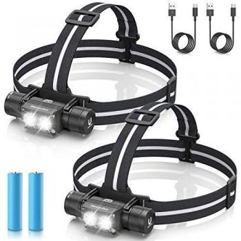 morpilot Linterna Frontal USB LED Recargable, 2 Pack, 1200 lúmenes, Impermeable, 5 Modos de Iluminación, 180° Ajustable con Camping, Pesca, Ciclismo, Escalada