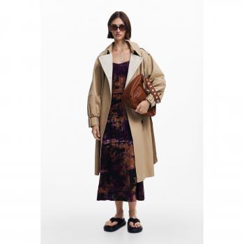 Desigual Women's Beige Button-Up Trench Coat with Belt, Size M