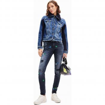 Desigual Women's Blue Cotton Skinny Jeans, Size XL, Embroidered Slim Fit