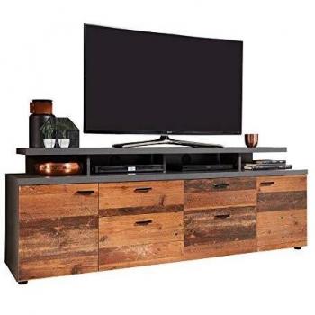 Mueble TV Mood con diseño de madera envejecida y melamina gris mate, 180 x 66 cm, altura cómoda, 2 puertas y 2 cajones