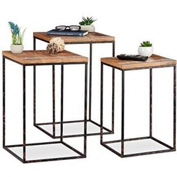 Set de 3 Mesas Auxiliares Cuadradas Nido, Madera de Mango y Metal, Marrón Natural y Negro, en 3 Tamaños