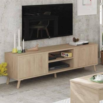 Mueble de TV salón Comedor Kam con Puerta Corredera Color Roble 160x52x40 cm