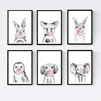 Set de 6 Posters de Animales Bebés con Marcos - Ciervo, Vaca, Cerdo, Zorro, Búho y Perro - Tamaño A3