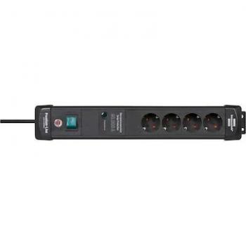 Regleta Brennenstuhl Premium-Line, unidad de distribución eléctrica, 4 enchufes, cable de 1.8 metros, color negro, con interruptor y protección contra sobretensiones