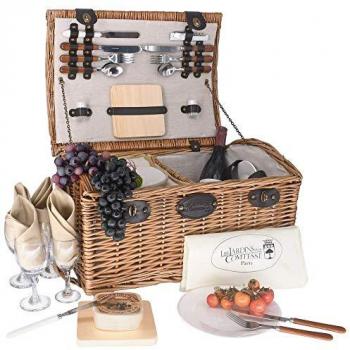 Cesta de Picnic de Mimbre Gisors Beige para 4 Personas - Compartimento Isotérmico, Platos de Cerámica y Copas de Vino de Cristal - Tejido Crema - 48 x 36 x
