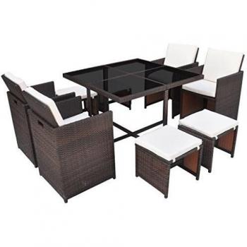 vidaXL 9-Piece Brown Poly Rattan Outdoor Dining Set with Cushions