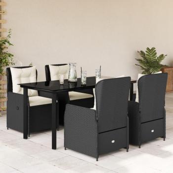 5-Piece Black Poly Rattan Garden Dining Set with Cushions