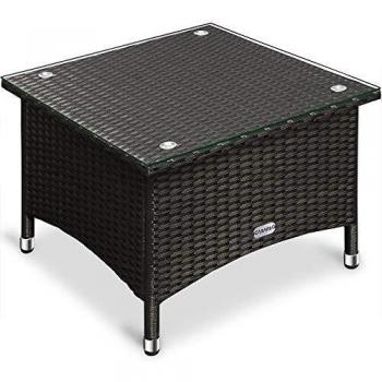 Mesa auxiliar de ratán negro 50x50x45cm, poliratan resistente a la intemperie, altura ajustable, tapa de cristal, capacidad de carga de 80kg, ideal para jardín y balcón