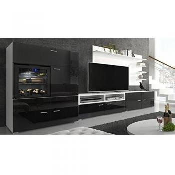 SelectionHome - Mueble salón comedor con vinoteca, acabado Blanco Mate y Negro Brillo Lacado, medidas: 295 x 57/40 x 175 cm de altura