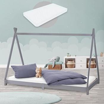 Cama Infantil Tipi Montessori de Madera Gris 90x200 cm con Somier y Diseño en Forma de Casa