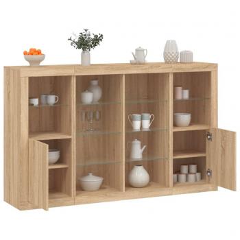 Aparador con luz LED de 3 piezas en madera de ingeniería color roble sonoma, mueble de almacenaje moderno para salón, armarios con puertas y cajón de madera, buffet y armario auxiliar