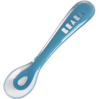 BÉABA Cuchara de aprendizaje para Bebé y Niño, Silicona, Secunda infancia, Suave, Punta redondeada, Mango ergonómico, Azul