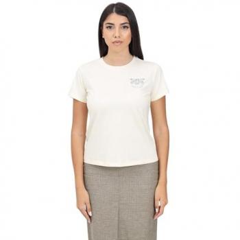 Pinko Women's Relaxed Fit Écru T-Shirt with Love Birds Embroidery, Size XS