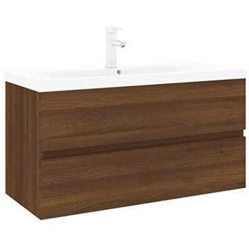Mueble de baño con lavabo de madera contrachapada marrón roble, armario de almacenamiento colgante suspendido, estante inferior y cajón