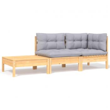 3 Piece Solid Pine Garden Lounge Set with Grey Cushions