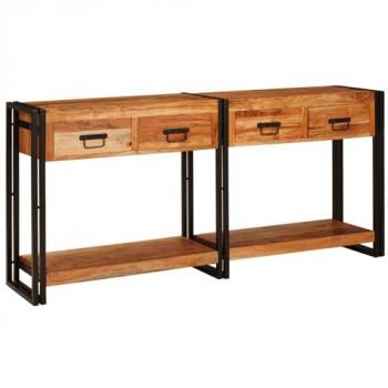 Mesa de Consola 2 Pcs Marrón de Madera Maciza de Acacia con Cajones y Estructura de Metal 160 x 33 x 75 cm
