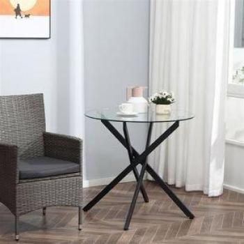 HOMCOM Mesa de Comedor Redonda Ø80x75 cm con Encimera de Cristal Templado Transparente y Patas Cruzadas de Metal Negro
