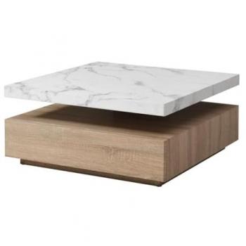 Mesa de centro giratoria con 1 cajón de MDF - Efecto mármol blanco y natural - KYRIA