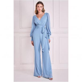 Blue Chiffon Puff Sleeve Romper Jumpsuit