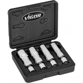 VIGOR V7002/4 Juego de llaves de vaso para bujías, Cuadrado hueco 3/8 pulgadas (10 mm), Perfil hexagonal doble exterior, Tamaños: 14 mm, 16 mm,