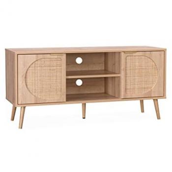 Mueble de TV de caña redondeada, 2 puertas + 1 estante, SWEEEK, madera y caña redondeada, dimensiones: 120 cm de ancho x 39 cm de profundidad x 56.5
