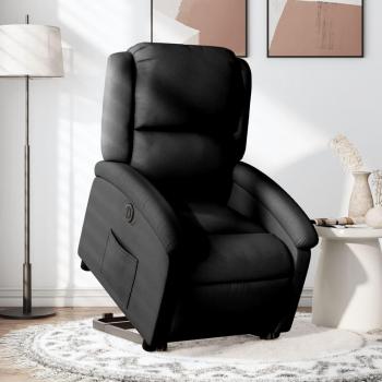 Silla reclinable eléctrica negra en tela con función elevable, tapizado en tela suave, estructura robusta, reposabrazos acolchados y mecanismo de reclinación ajustable