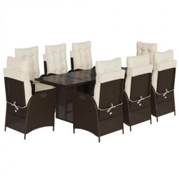 9-Piece Brown Poly Rattan Garden Dining Set with Cushions