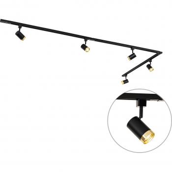 Sistema de carril monofásico de 5 focos negro con aro dorado - Jeana, Acero / Aluminio, Diseño moderno, Adecuado para LED, Potencia máxima 5 x 50 Watt