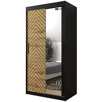 Armario Corredero Hartford 307, Negro y Roble Artisan, 100x200x62cm, con 5 Estantes y Espejo
