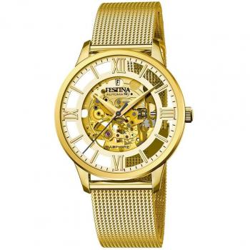 Festina Automatic Skeleton F20667/1 Reloj para Hombre con Esfera Dorada, Movimiento Automático y Correa de Acero en Color Dorado