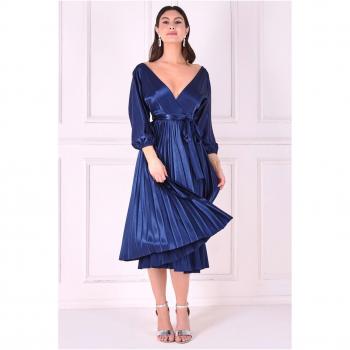 Goddiva Satin Pleated Skirt Wrap Midi Dress - Navy