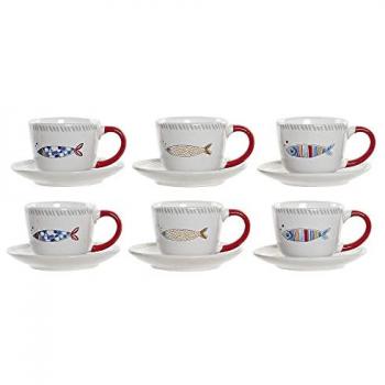 Juego de Tazas de Café Rojo Blanco Multicolor Gres 180 ml Estándar DKD Home Decor