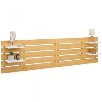 Cabecero Nina 240 cm de madera clara con 5 lamas anchas y estantes blancos