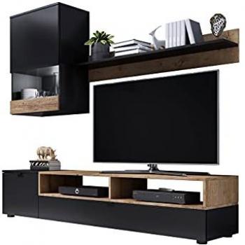 Conjunto de salón elegante Charlotte 126, Negro y Lefkas Roble, con mesa de TV y estantería, partes separadas, aglomerado laminado, 175x39cm, iluminación LED