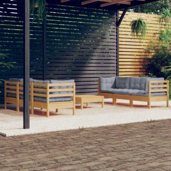 7-Piece Pinewood Garden Lounge Set with Gray Cushions