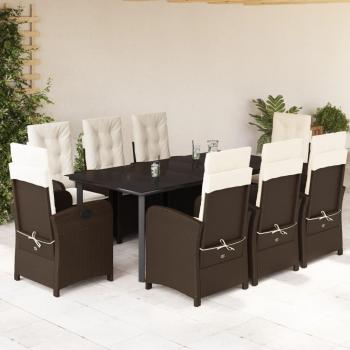 9-Piece Brown Poly Rattan Garden Dining Set with Cushions