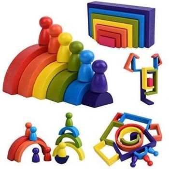 XIAPIA Juguetes Montessori Madera Apilado Arcoiris Bebes 1 Año Bloques Construcción Educativos Juegos Aprendizaje 19 Piezas para Niño Niña Infantil