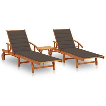 Acacia Wood Sun Loungers Set with Table and Cushions (2 pcs)