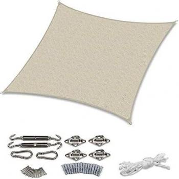 Sekey Toldo Vela de Sombra 3x3m Cuadrada con Cuerda y Kit de Montaje, HDPE Prueba de Viento, Transpirable, Protección Rayos UV, para Terraza Patio Exteriores Jardín, Gris Pardo