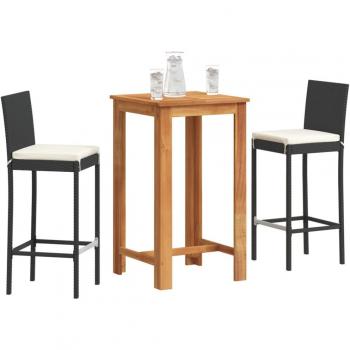 Juego de jardín 3 piezas en madera negra de acacia y polirratán con mesa y taburetes