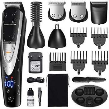 MIGICSHOW Cortapelos Recortadora de Barba Impermeable Electrico, Precisión Afeitadora Corporal para Hombres Profesional Cortapelos Recargable 12 en 1 para Barba, Cabello, Cuerpo y Nariz/Oreja