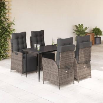 5-Piece Grey Poly Rattan Garden Dining Set with Cushions