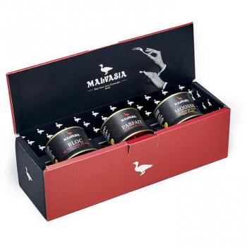 MALVASIA Cesta Gourmet, Caja Regalo con Parfait de Foie de Pato, Foie Gras de Pato y Mousse de Foie de Pato con Trufa, Elaboración Artesanal, Sin Gluten, Lote de 3 Latas Abre Fácil de 130 g