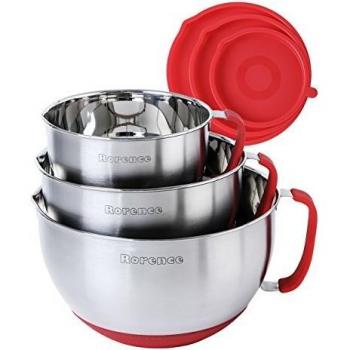 Rorence Mixing Bowls with Lids Set: Stainless Steel Mixing Bowls with Handles, Non-Slip Bottom & Pour Spout - Red