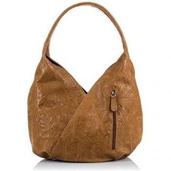 FIRENZE ARTEGIANI. Donia Bolso de Hombro Mujer.Piel auténtica Gamuza Grabado Arabesco .Made in Italy. Vera Pelle Italiana.33x18x33 cm. Color: Cuero